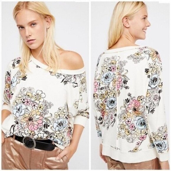 Free People Women's Small Go On Floral Printed Pullover Sweatshirt Top Colorful - Picture 1 of 16